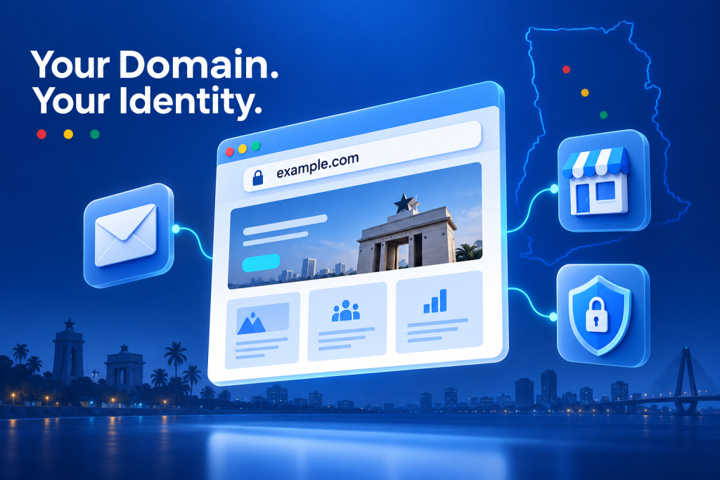 Domain name in Ghana illustrated with a website, business email, storefront, and security shield on a blue background