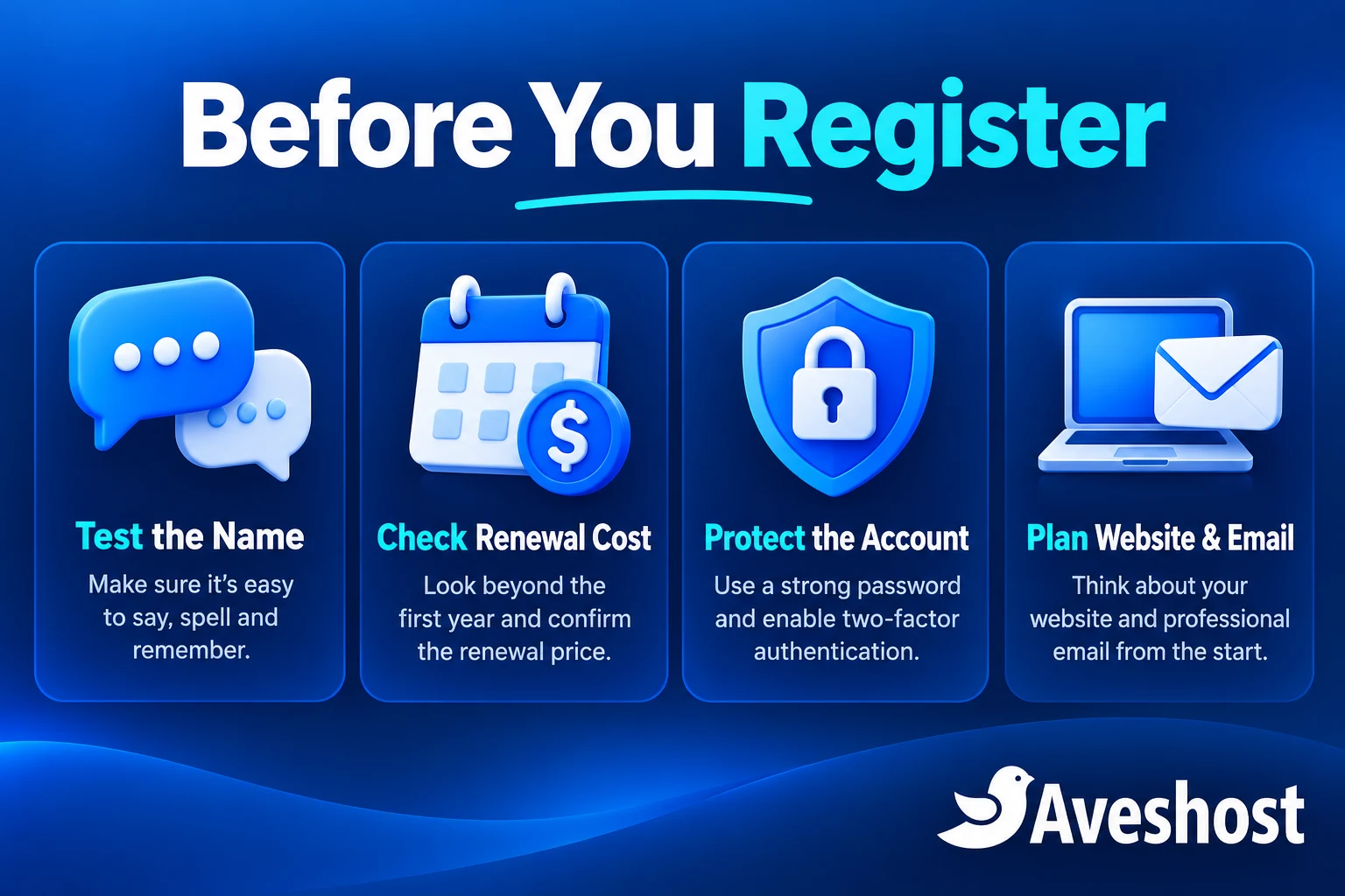 Domain registration checklist: test the name, check renewal costs, protect the account and plan website and email