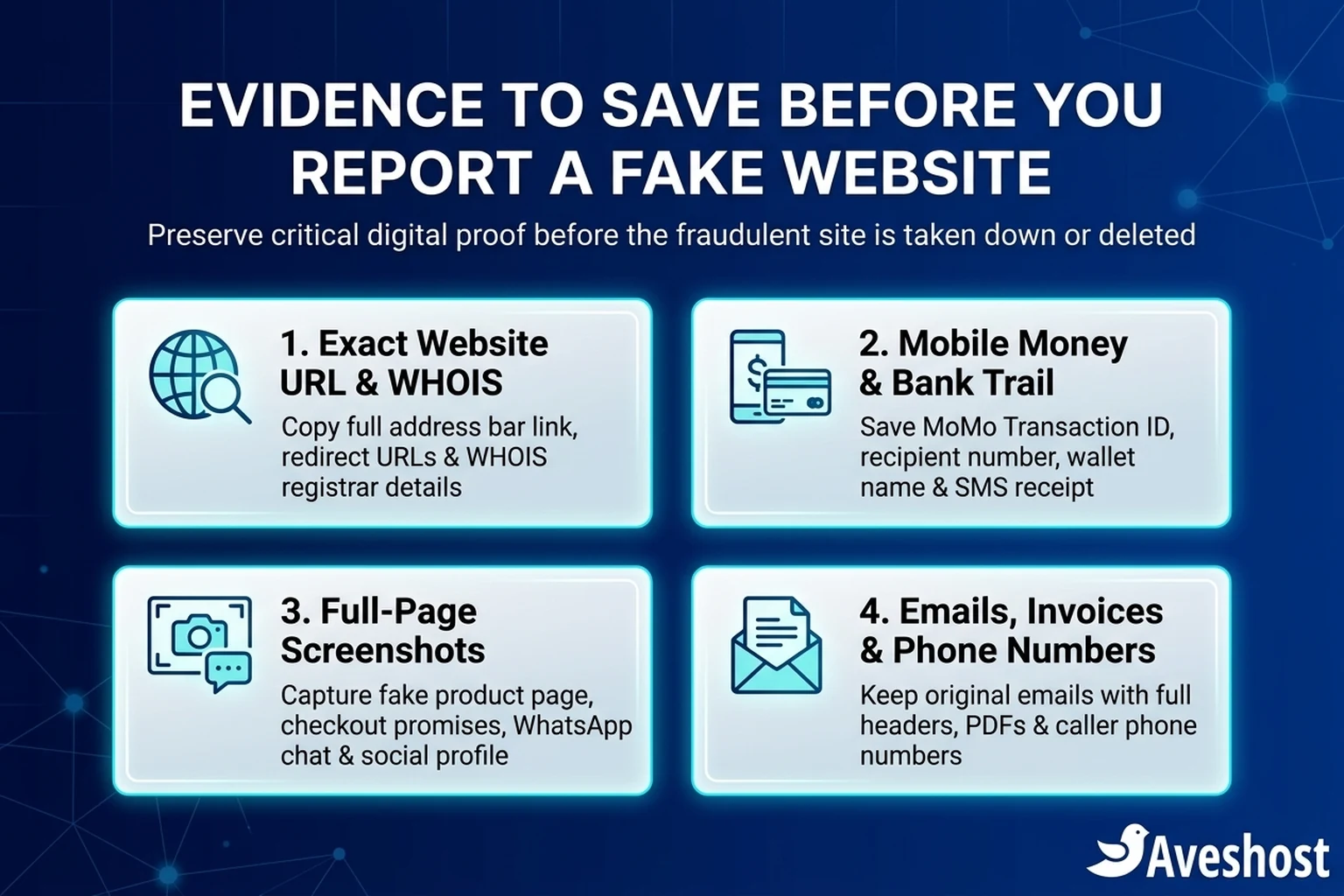 Infographic showing the four categories of evidence to collect before reporting a fake website in Ghana: exact website URL and WHOIS record, Mobile Money and bank transaction trail, full-page screenshots, and email headers or phone logs.