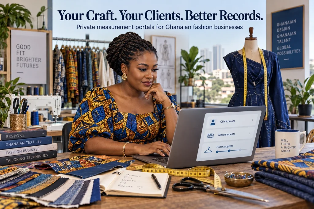 Ghanaian fashion designer using a private client measurement portal in her atelier
