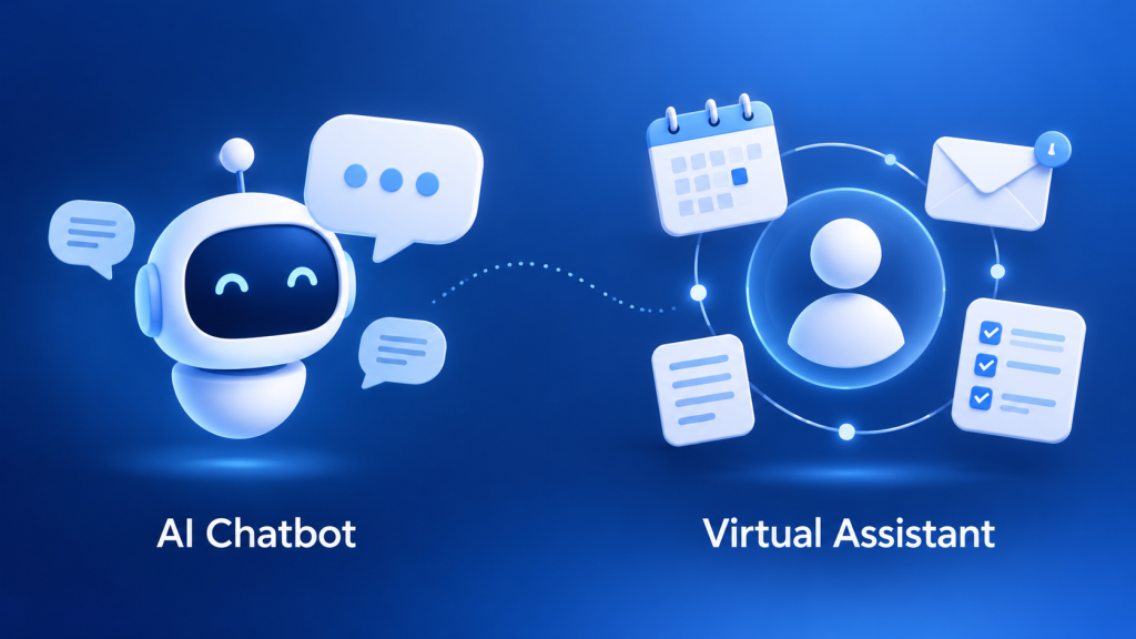 AI chatbot vs virtual assistant illustrated with conversation, calendar, email, and task icons on a blue background