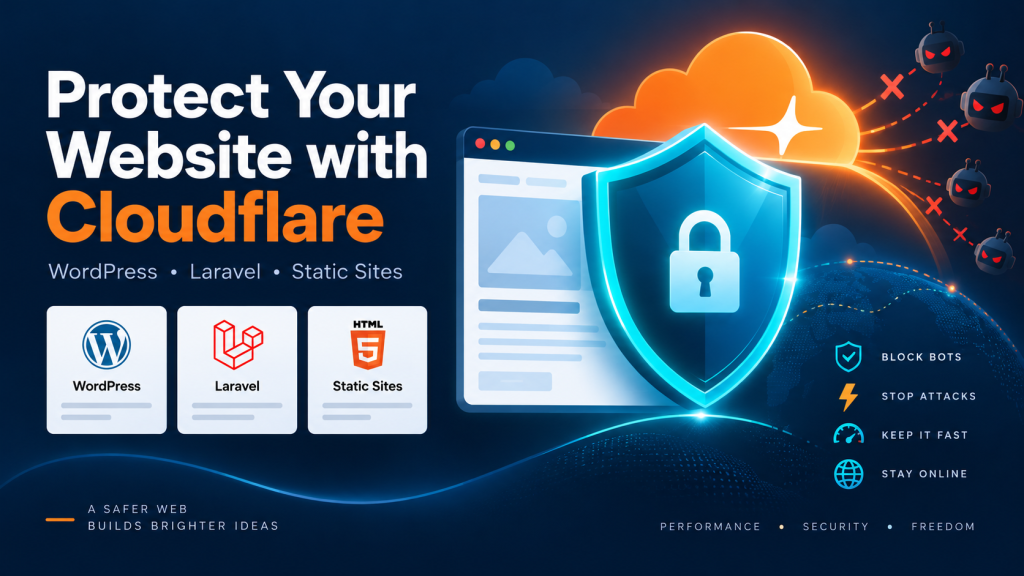 Cloudflare cloud and shield protecting WordPress, Laravel and static websites