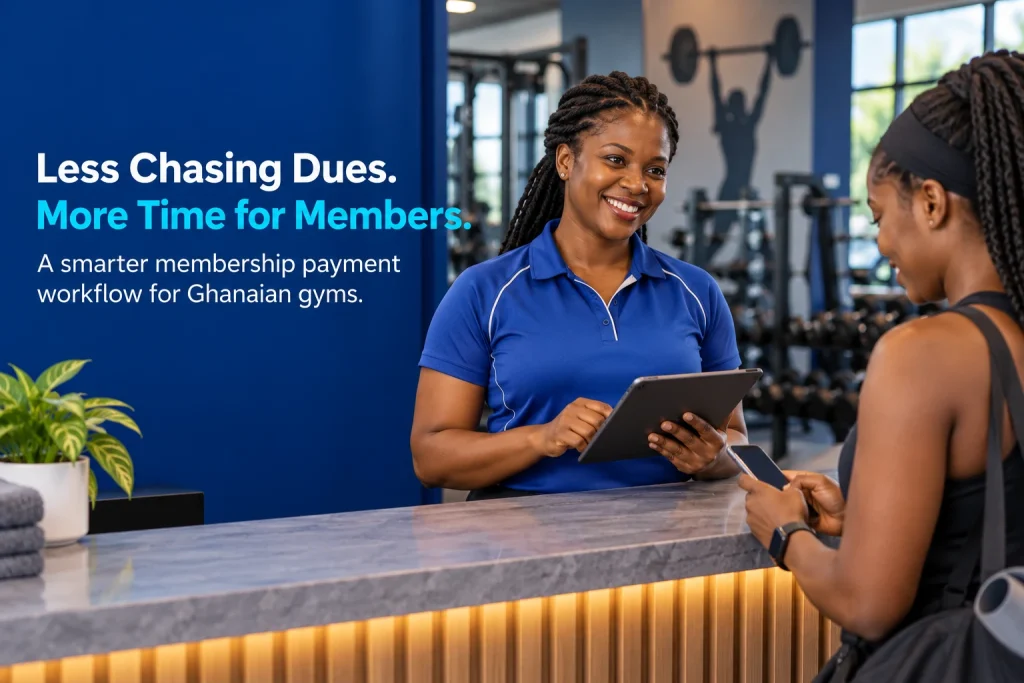 Ghanaian gym owner and member using a gym management website in Ghana for MoMo membership renewals