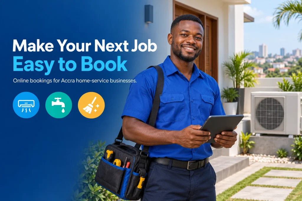 Accra AC technician using a tablet for a handyman booking website in Ghana