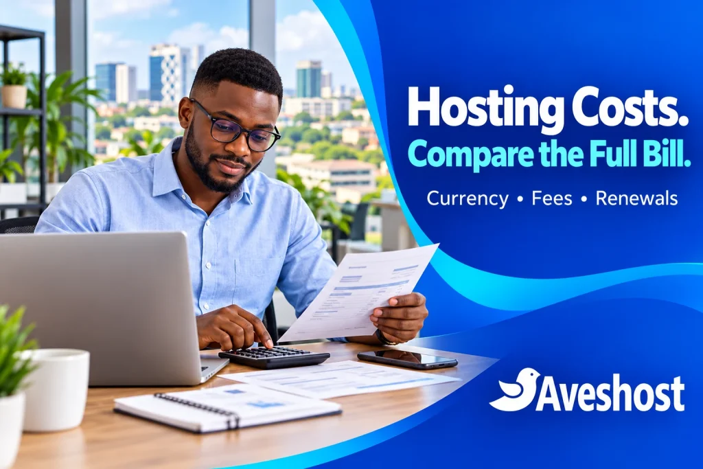 Paying for hosting in Ghana cedis: business owner comparing the full bill, fees and renewals