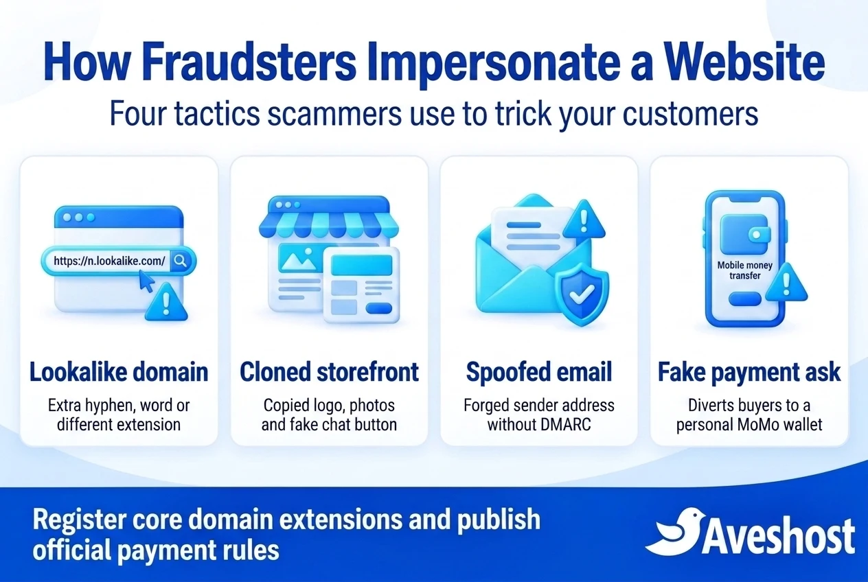 Four website impersonation tactics used by fraudsters in Ghana: lookalike domain, cloned storefront, spoofed email and fake payment ask