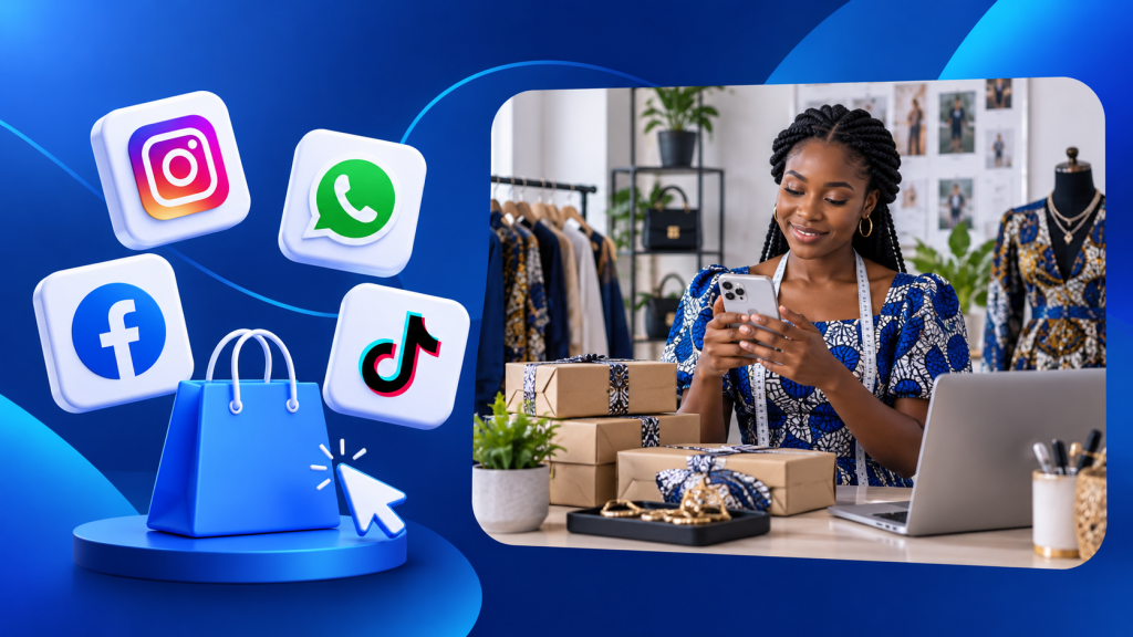 African business owner using a smartphone to sell on social media, with shopping and social platform icons on a blue background