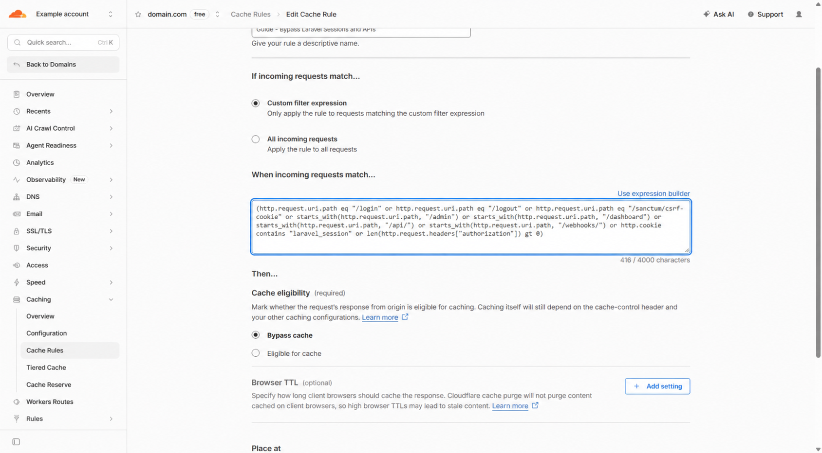 Cloudflare Laravel session and API cache bypass rule