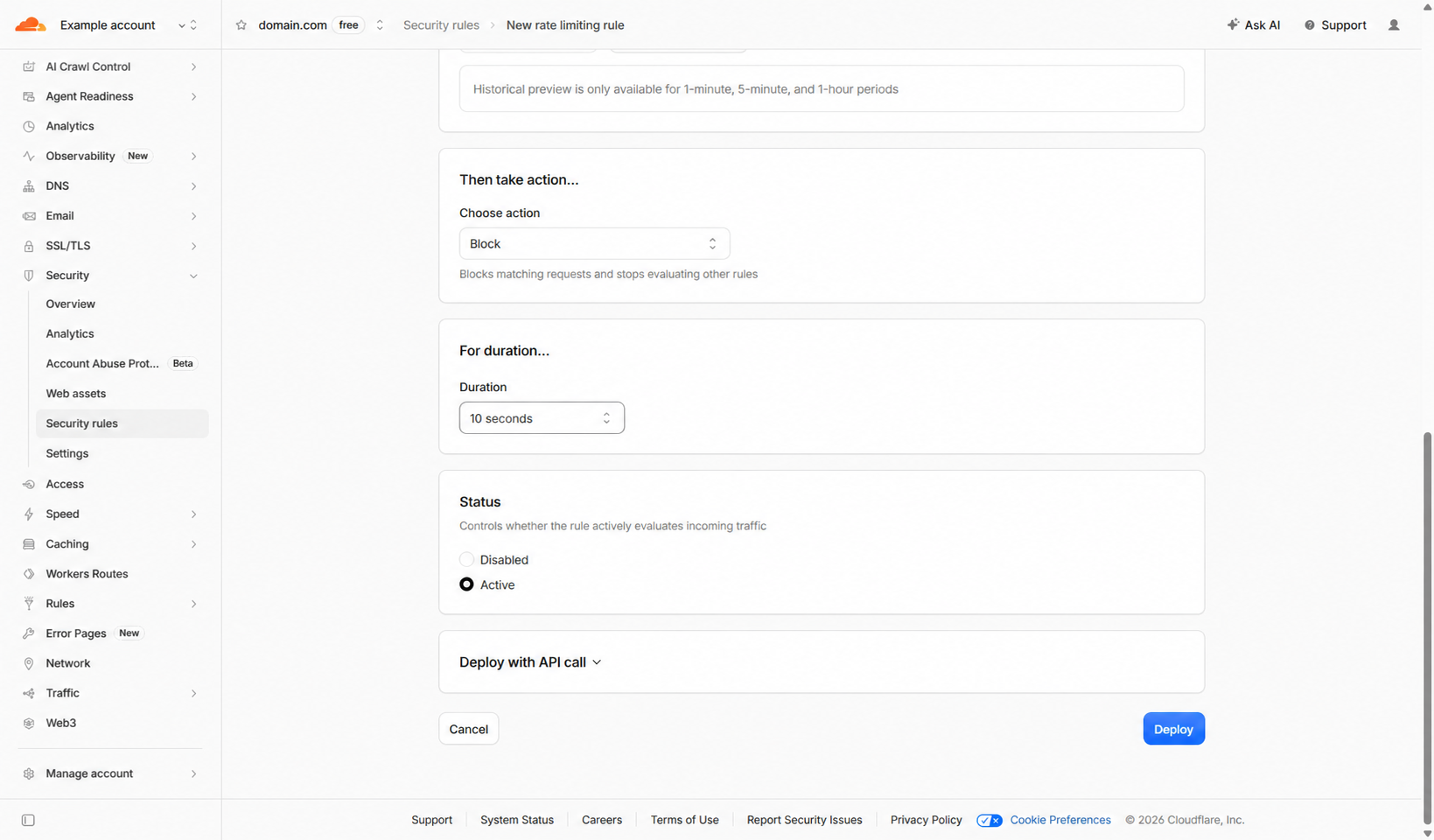 Cloudflare login rate limiting rule with Block action and ten second mitigation duration
