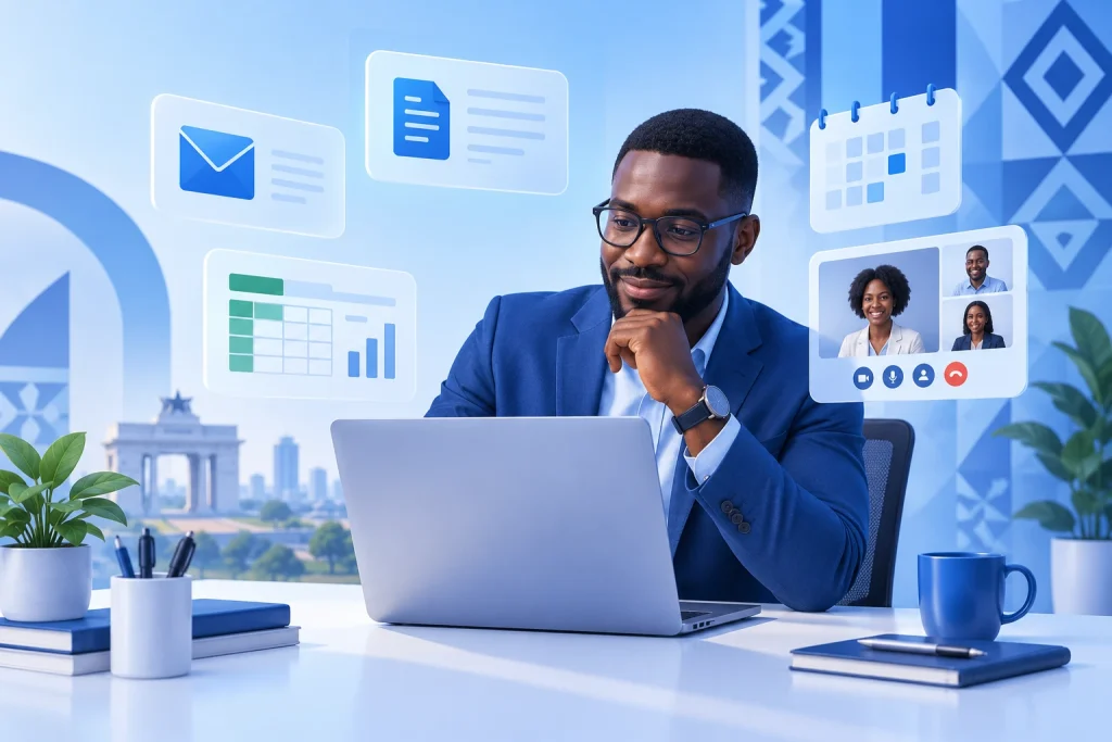 Business owner comparing Microsoft 365 alternatives for businesses in Ghana