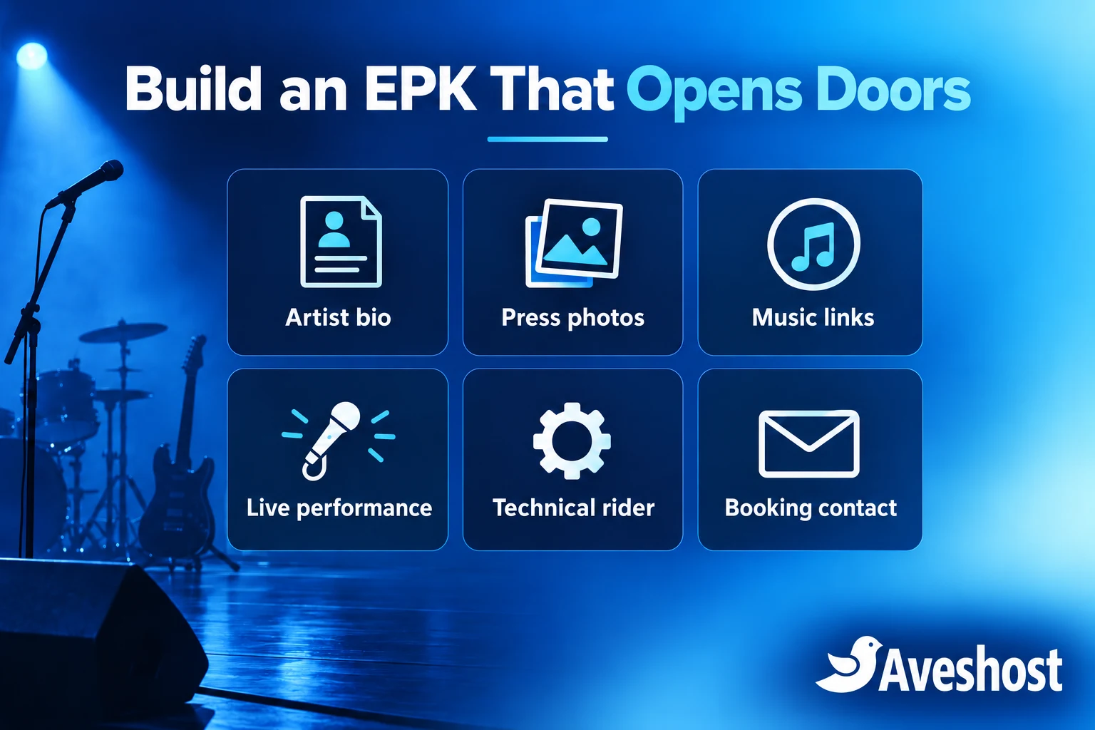 Musician EPK checklist with artist bio, press photos, music links, live performance, technical rider and booking contact