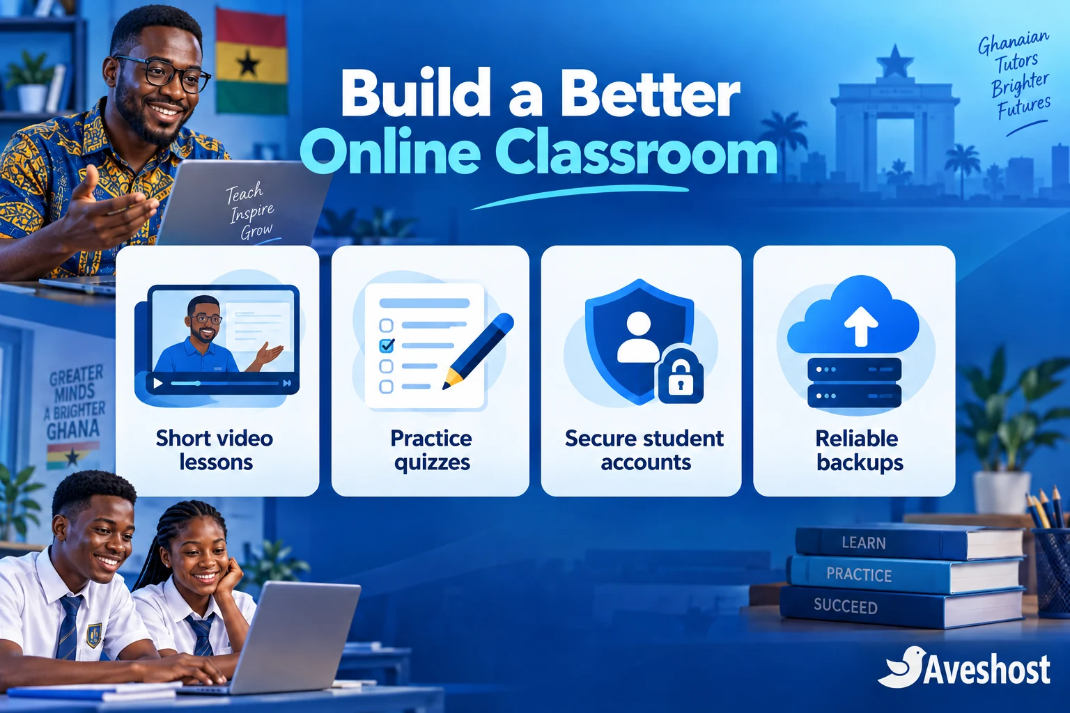 E-learning website in Ghana with short lessons, practice quizzes, secure student accounts and backups