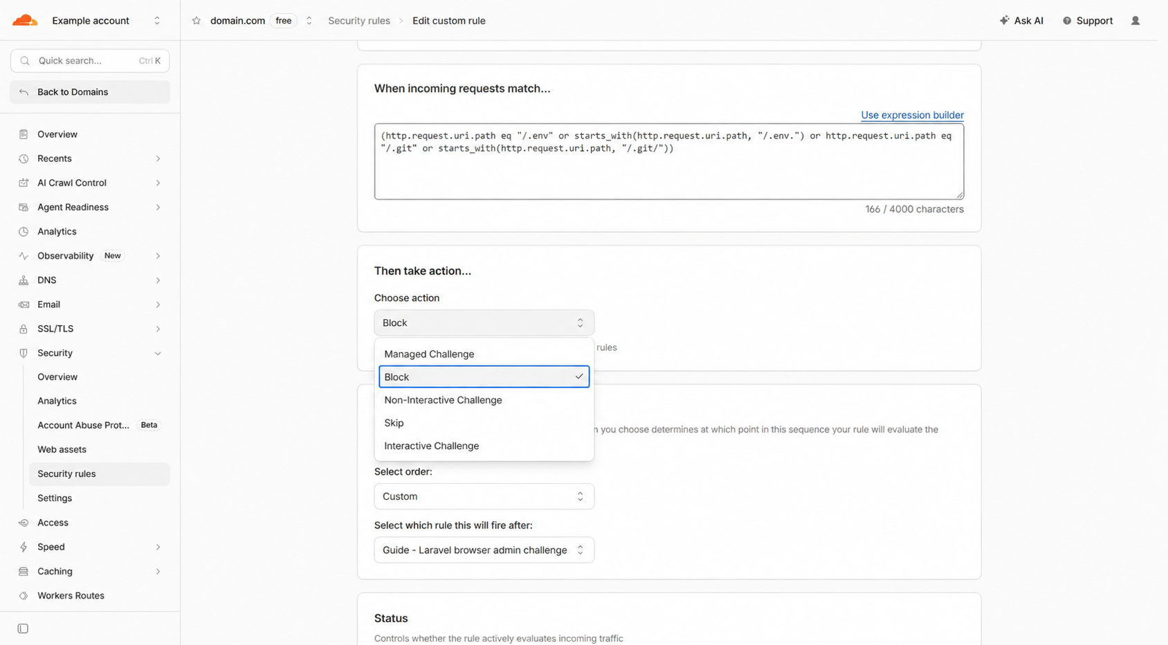 Cloudflare custom rule blocking .env and .git probes