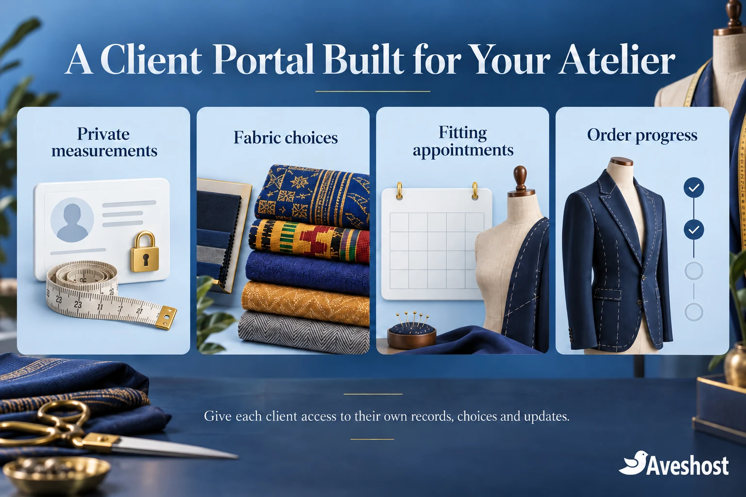 Private tailor client portal with measurements, fabric choices, fitting appointments and order progress