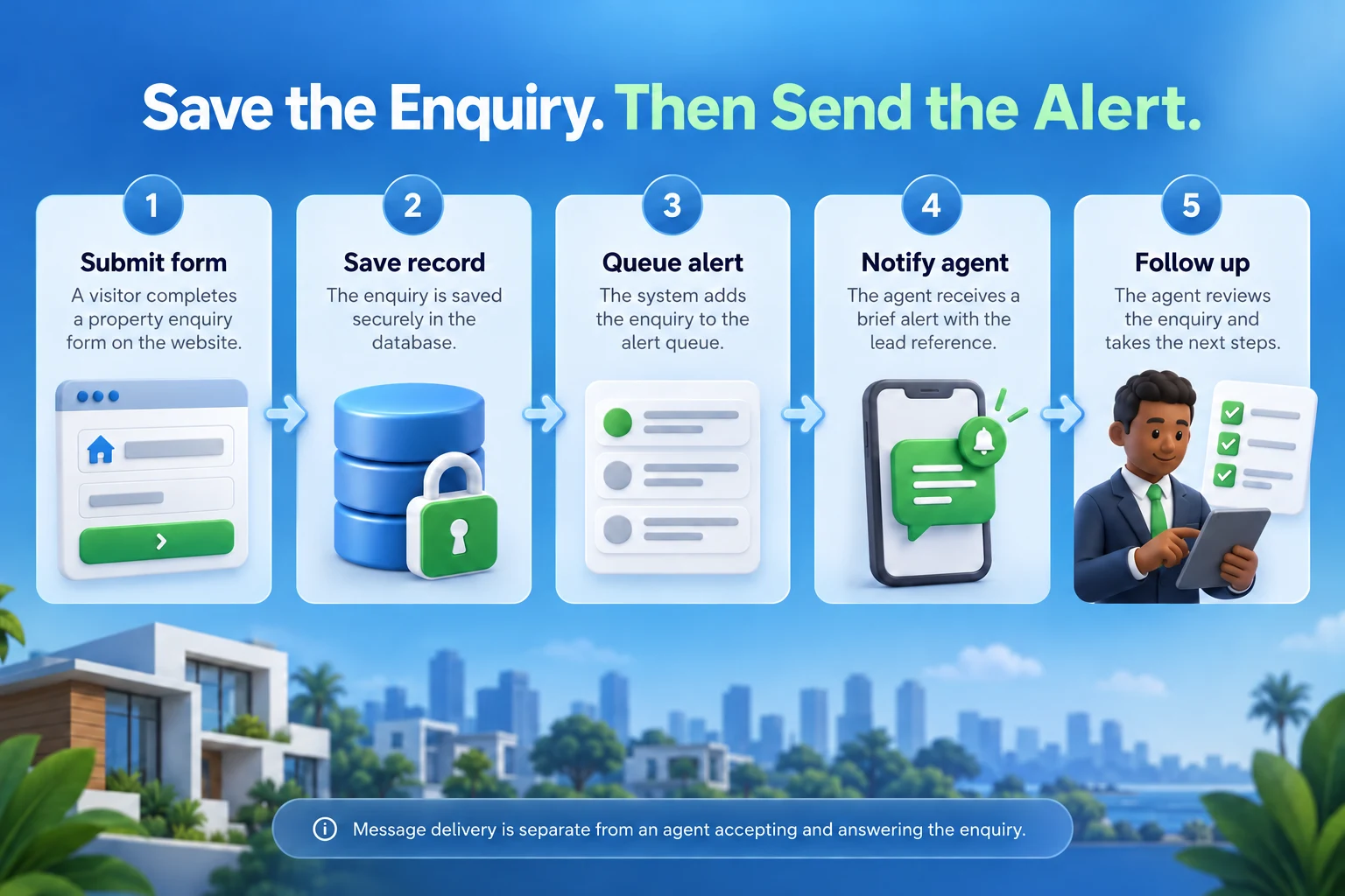 Website to WhatsApp lead alert workflow from saving a property enquiry to queuing, notifying the agent and follow-up