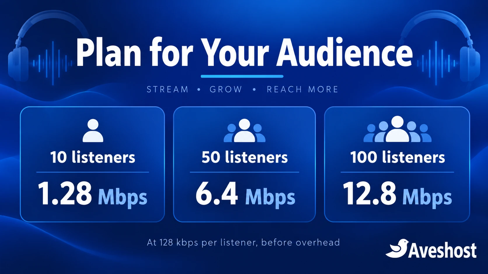 Online radio bandwidth at 128 kbps for 10, 50 and 100 simultaneous listeners