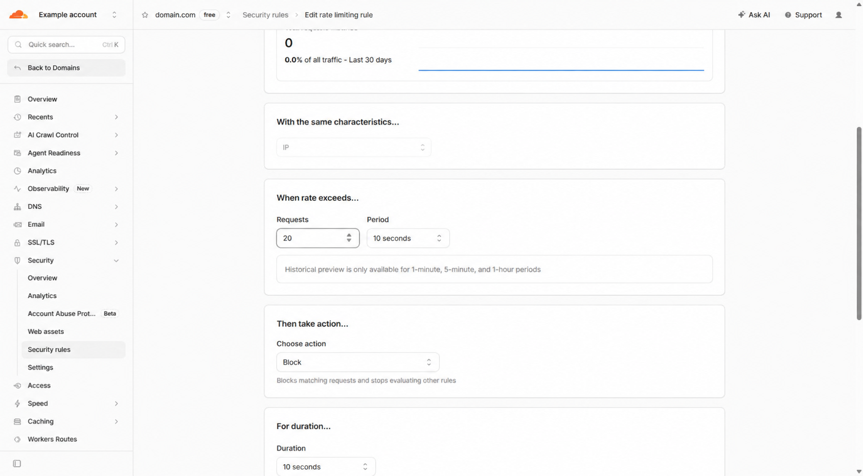 Cloudflare IP login rate limit set to 20 requests in 10 seconds