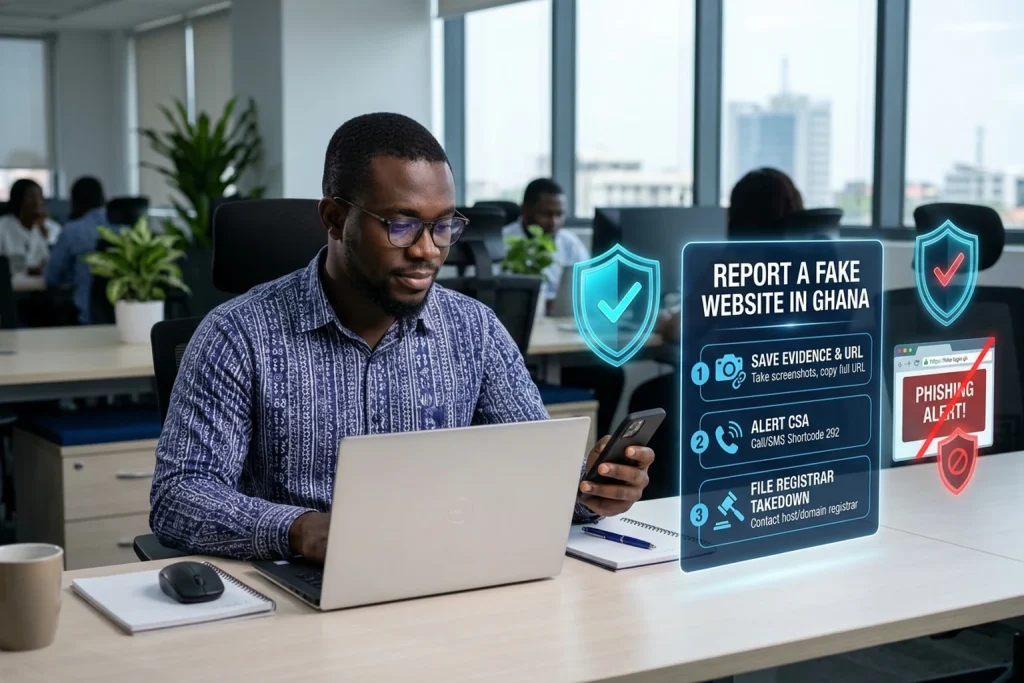 Ghanaian professional using a smartphone and laptop to report a fake website and online business scam through official cybersecurity and domain takedown channels.