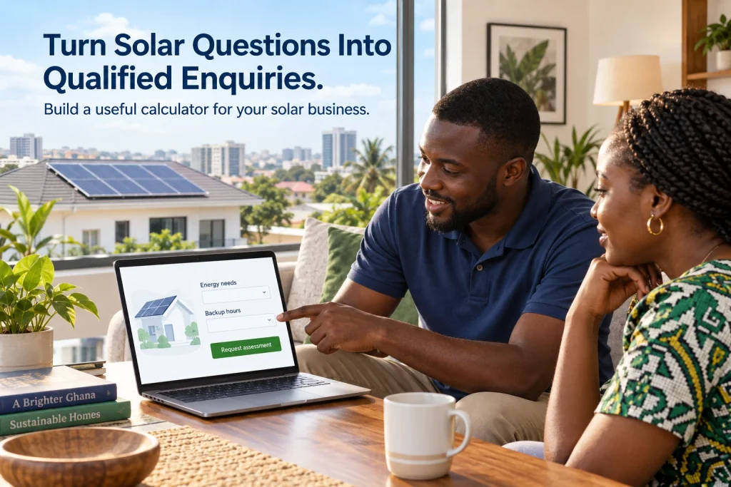 Solar energy website design in Ghana with a consultant and homeowner reviewing a solar calculator