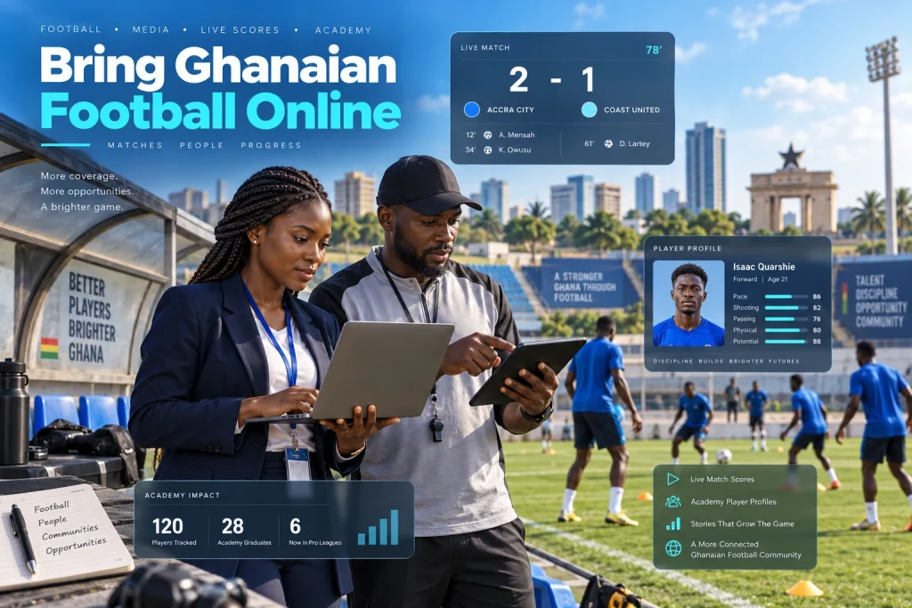 Sports website design in Ghana showing a football journalist, coach, live scores and an adult player profile