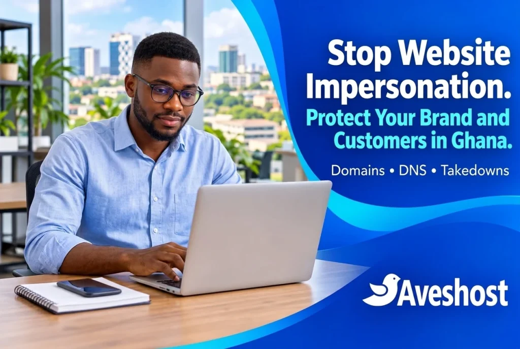 Ghanaian business owner preventing website impersonation by securing domains, DNS records and takedown workflows