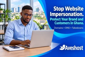 Ghanaian business owner preventing website impersonation by securing domains, DNS records and takedown workflows