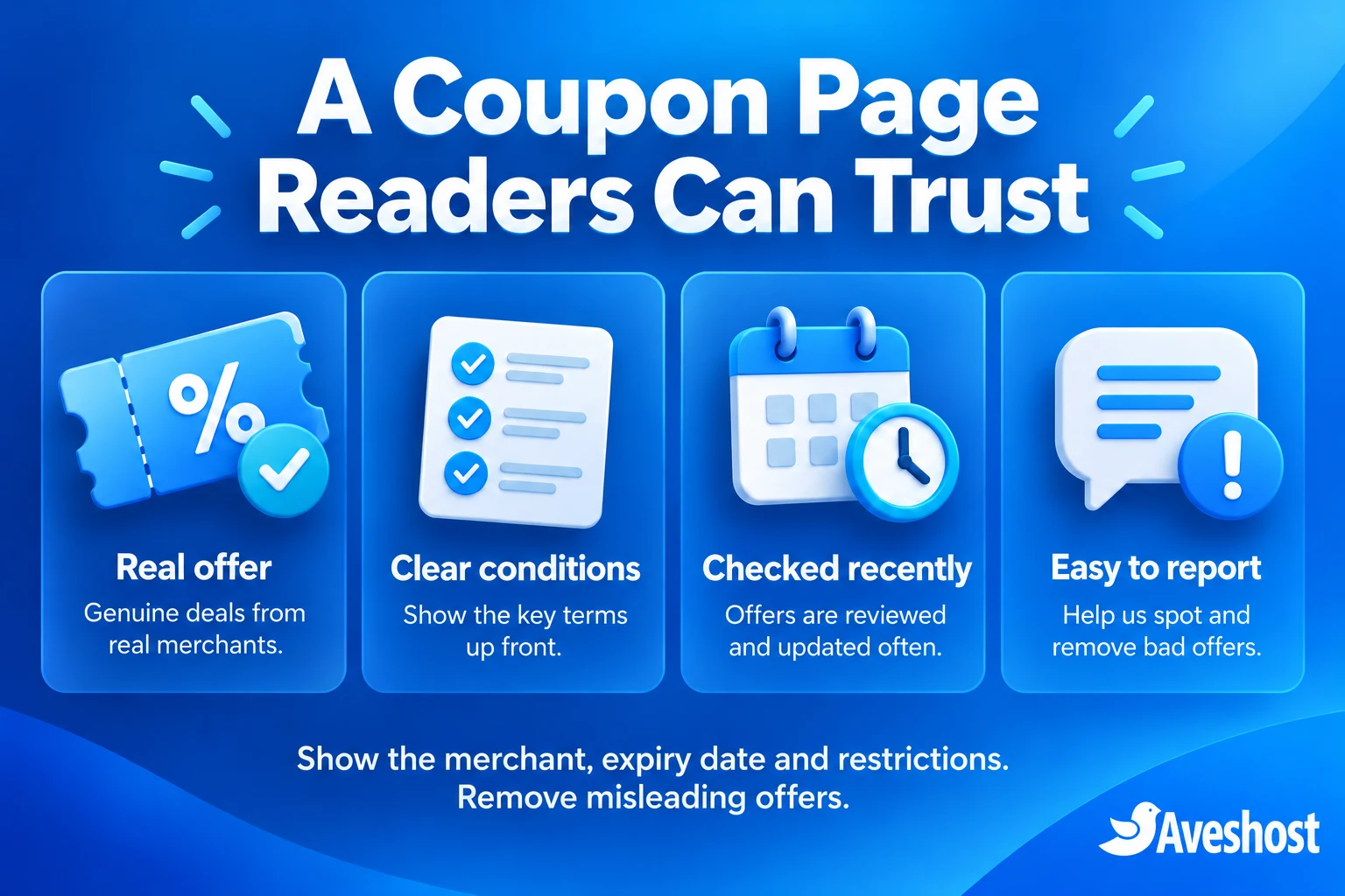 Trustworthy coupon website with real offers, clear conditions, recent checks and a reporting route