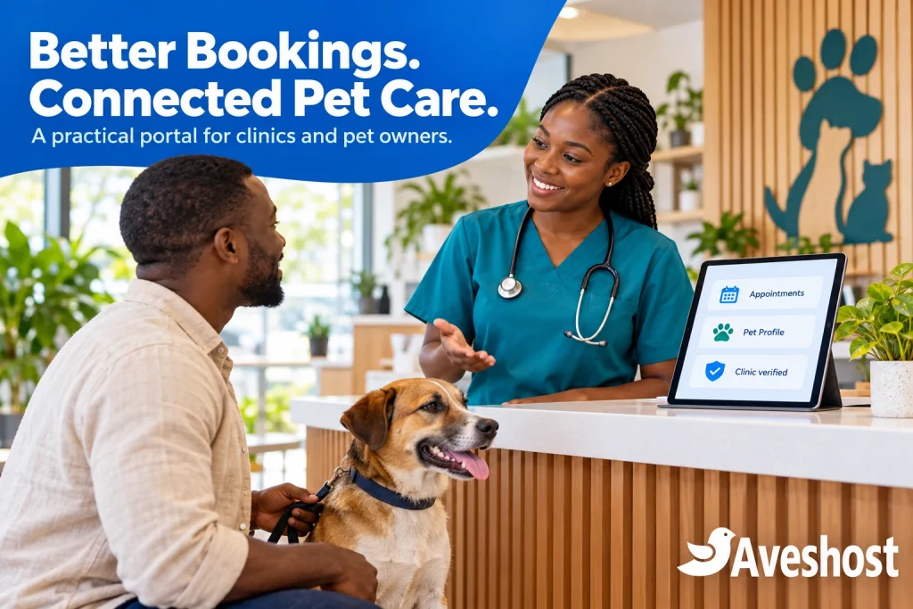 Veterinary clinic website in Ghana connecting pet appointment bookings with clinic-verified records
