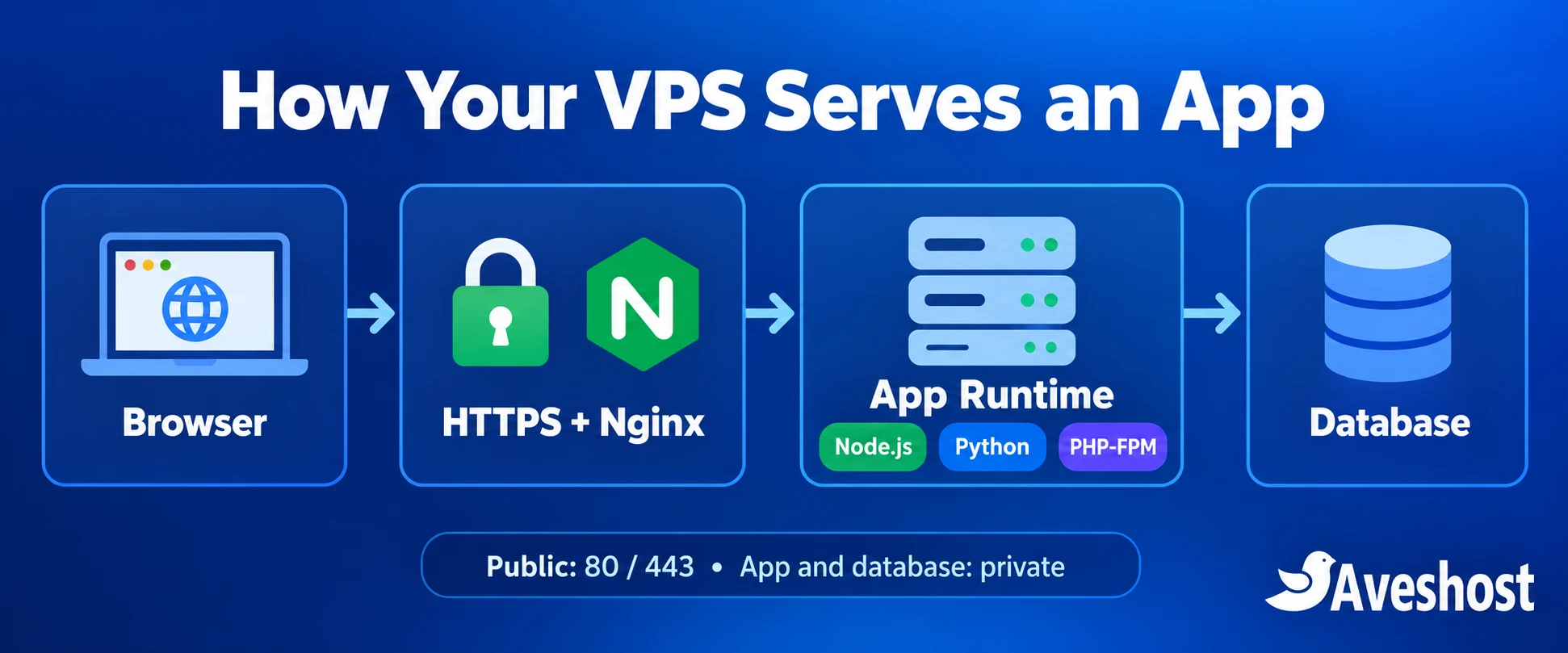 Linux VPS app architecture with Nginx, private runtimes and a database