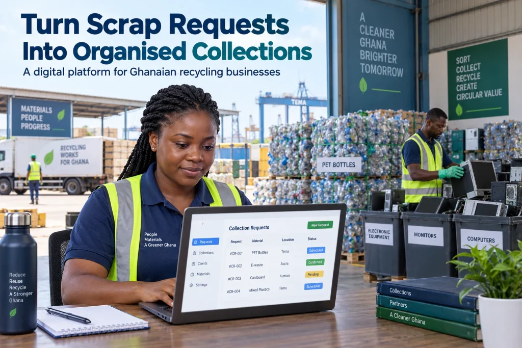 Ghanaian recycling team managing a waste management website and organised scrap collection requests
