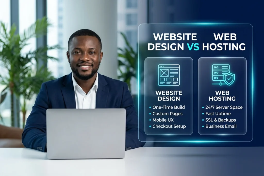 Ghanaian business owner comparing website design deliverables against web hosting infrastructure on a split comparison board.