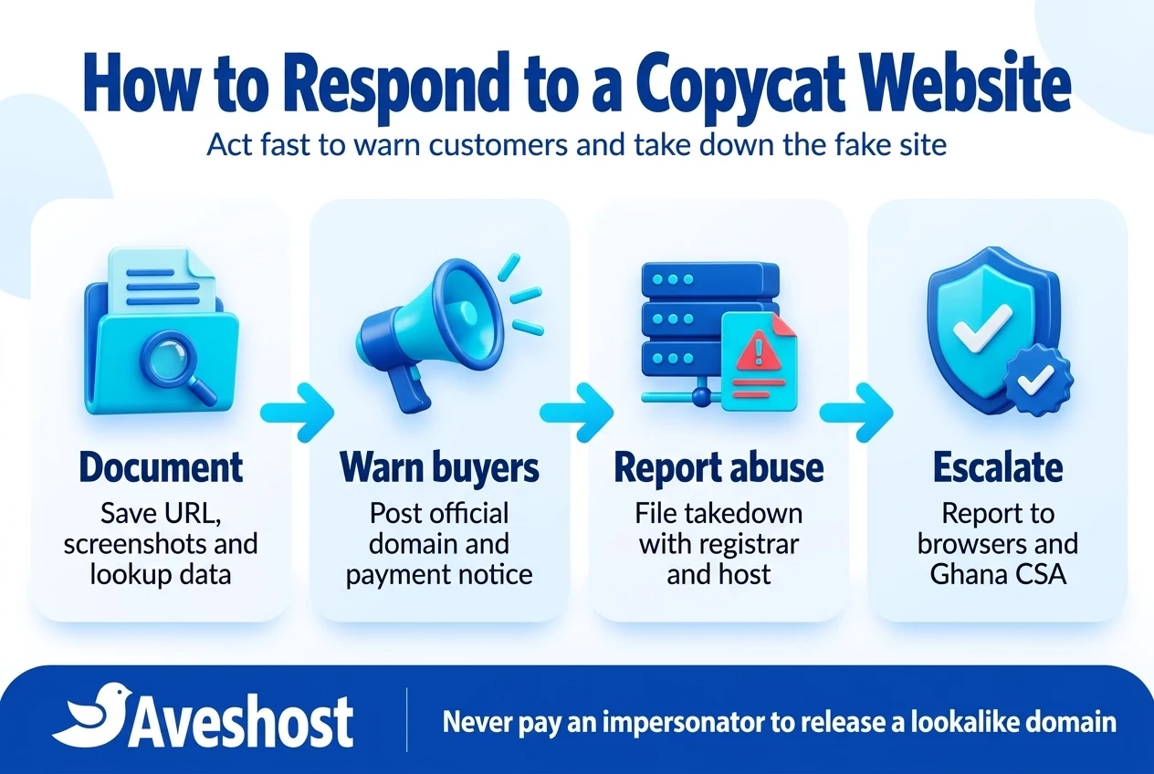 Four-step website impersonation response workflow in Ghana: document evidence, warn buyers, report abuse to registrar and host, and escalate to browsers and CSA