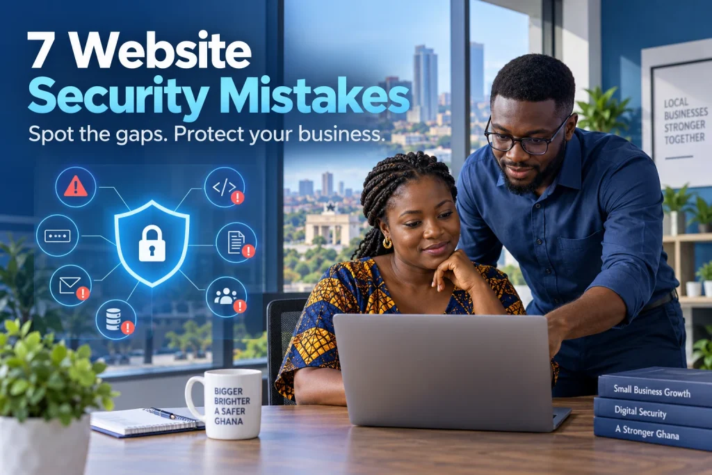 Ghanaian business owner and IT professional reviewing seven website security mistakes