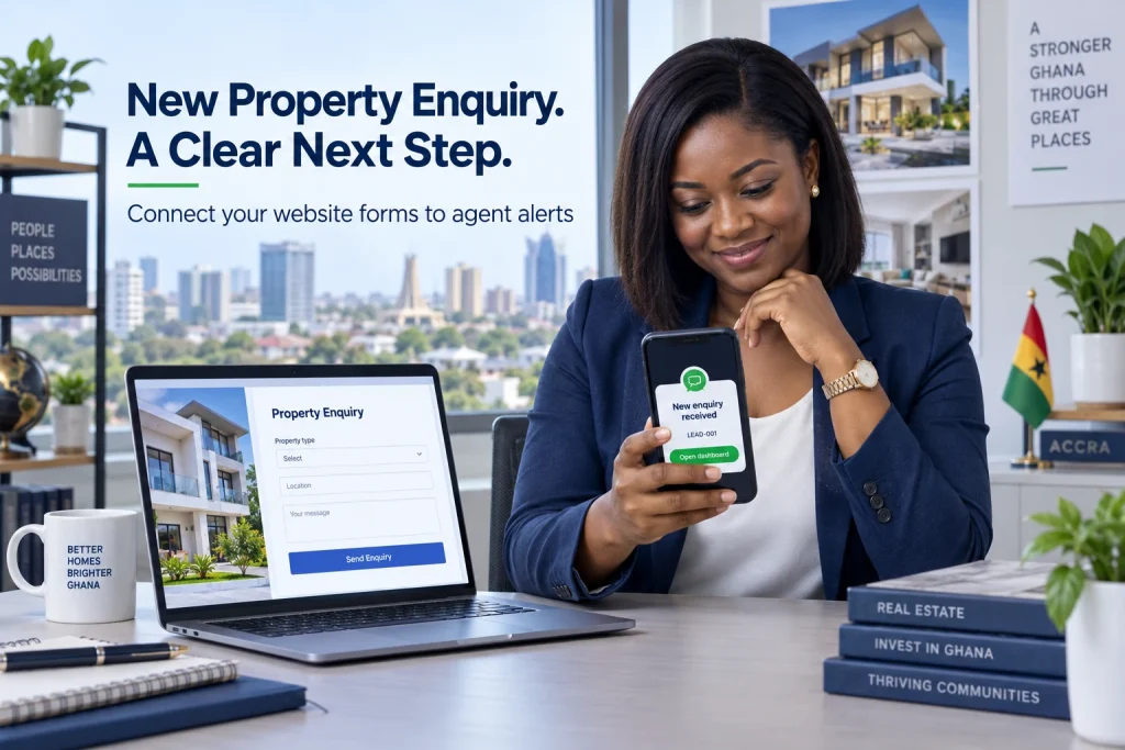 Ghanaian real estate agent reviewing a website to WhatsApp lead alert beside a property enquiry form