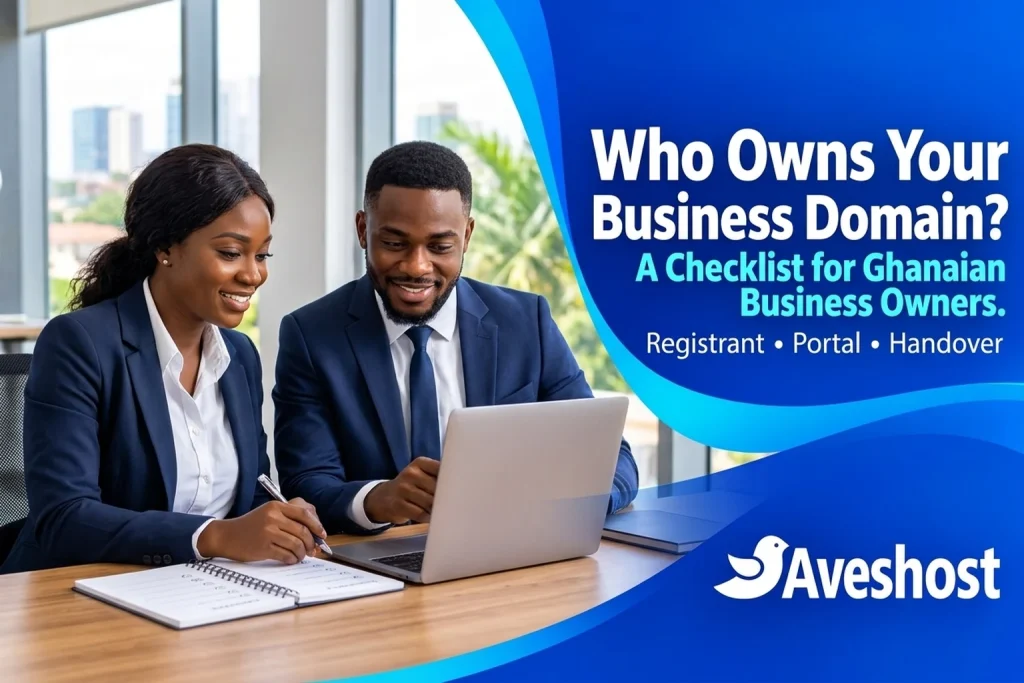 Clean editorial graphic illustrating business domain ownership verification for Ghanaian business owners, showing registrant records, registrar account login, DNS control, and domain lock status.