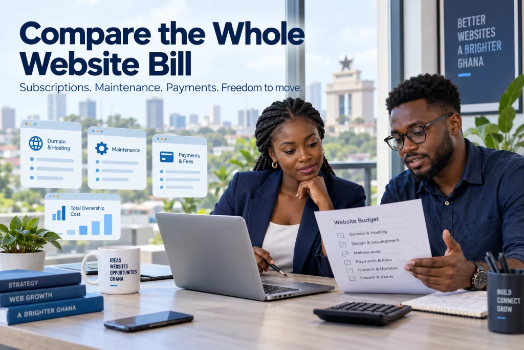 Wix vs WordPress in Ghana cost comparison with a business owner and designer reviewing the complete website budget