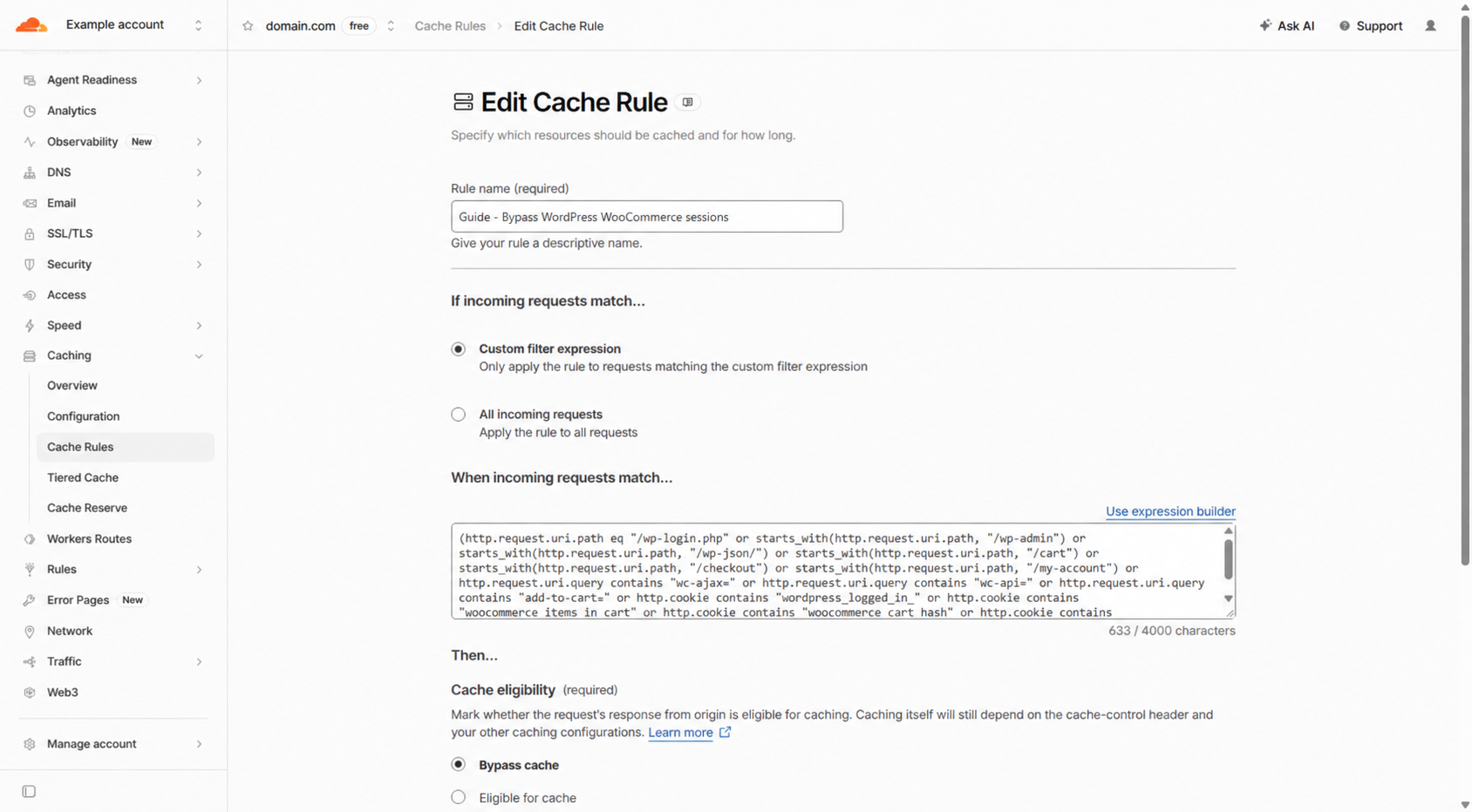 Cloudflare Cache Rule excluding WooCommerce checkout cart and session cookies from shared cache