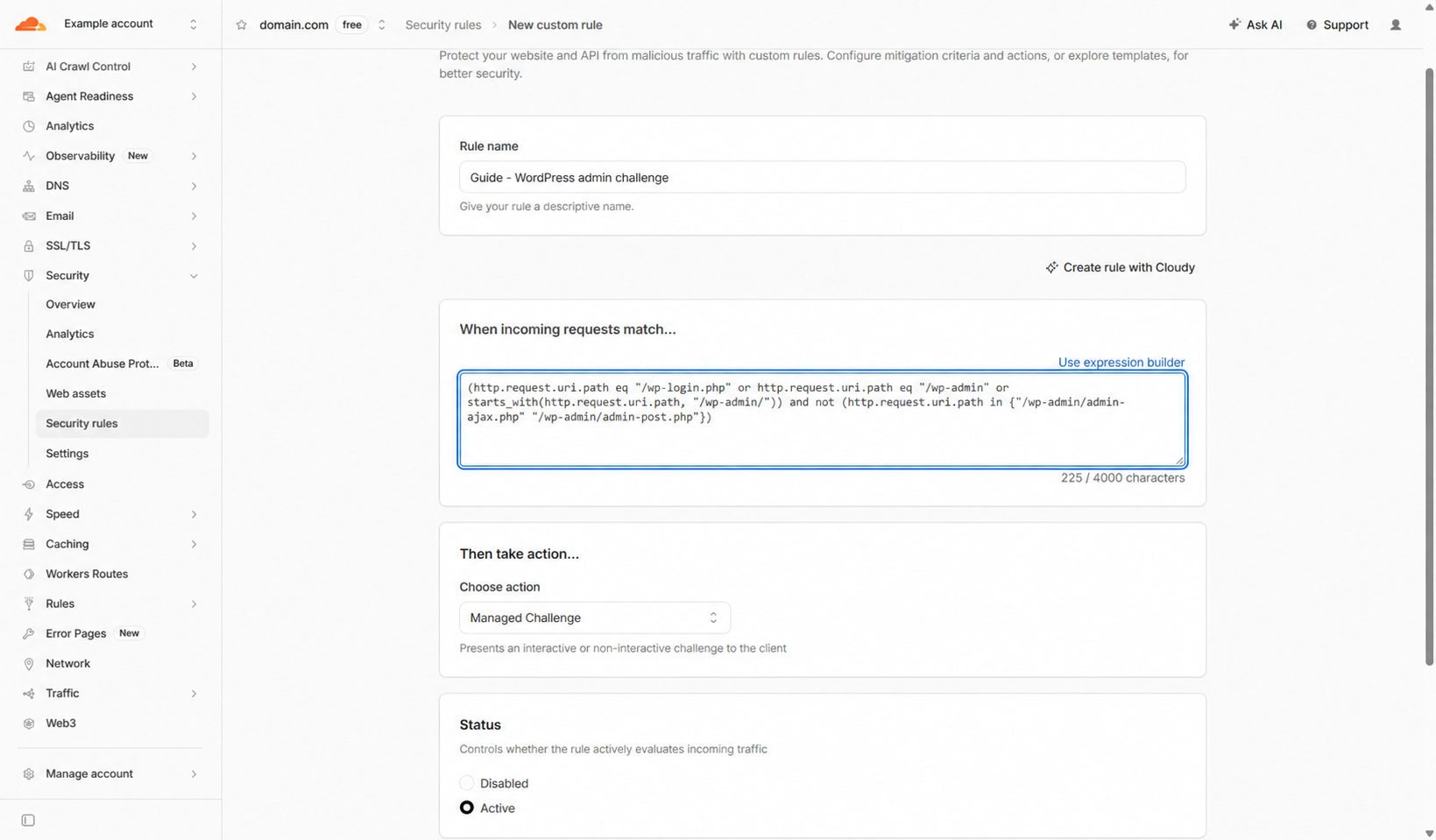 Cloudflare WordPress login and admin expression with Managed Challenge selected