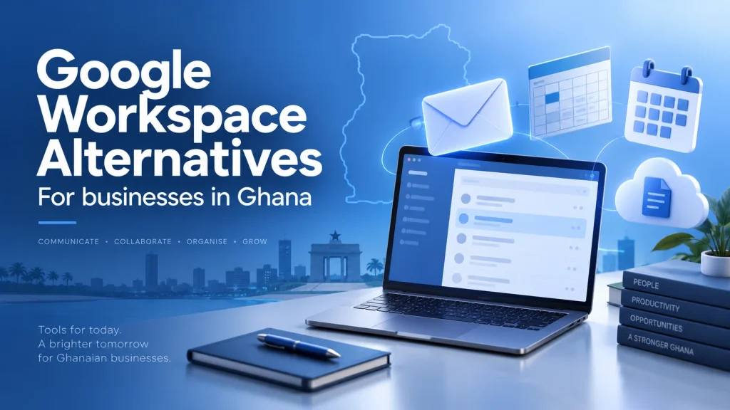 Google Workspace alternatives for businesses in Ghana, illustrated with email, spreadsheet, calendar, and cloud tools.